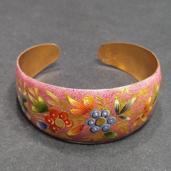 Vintage Floral Enamel Over Copper Cuff Bracelet , Floral Design Gold Trim, 1960 - Picture 7 of 10